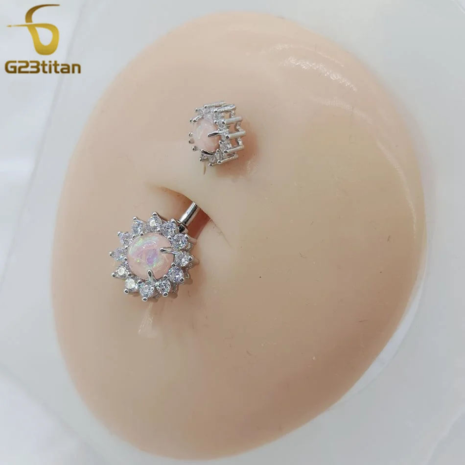 G23titan Pink Opal Crystal Sun Flower Belly Button Ring 14G Medical Titanium Bar Women Nombril Navel Piercing Ombligo Jewelry