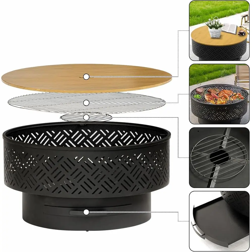 حفرة نار حرق الخشب في الهواء الطلق مع شواية وغطاء وغطاء مقاوم للماء - طاولة حفرة نار للشواء والنار وتناول الطعام #5