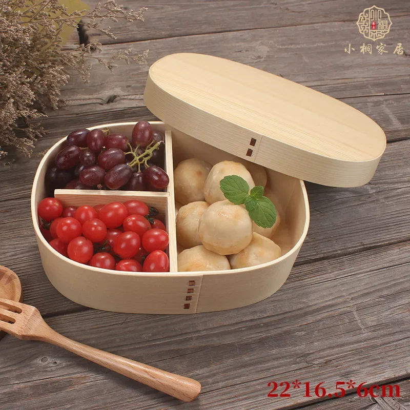 Japanese Style Wooden Single Layer Divided Compartment Portable Bento Box Sushi Fruit and Vegetable Salad Home Lunch Box