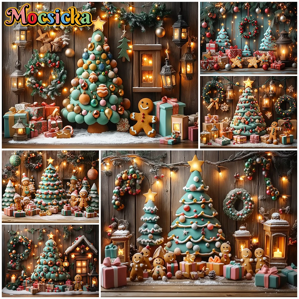 

Mocsicka Merry Christmas Tree Backdrop New Year Party Wooden Wall Gift Decoration Baby Children Birthday Background Studio Props