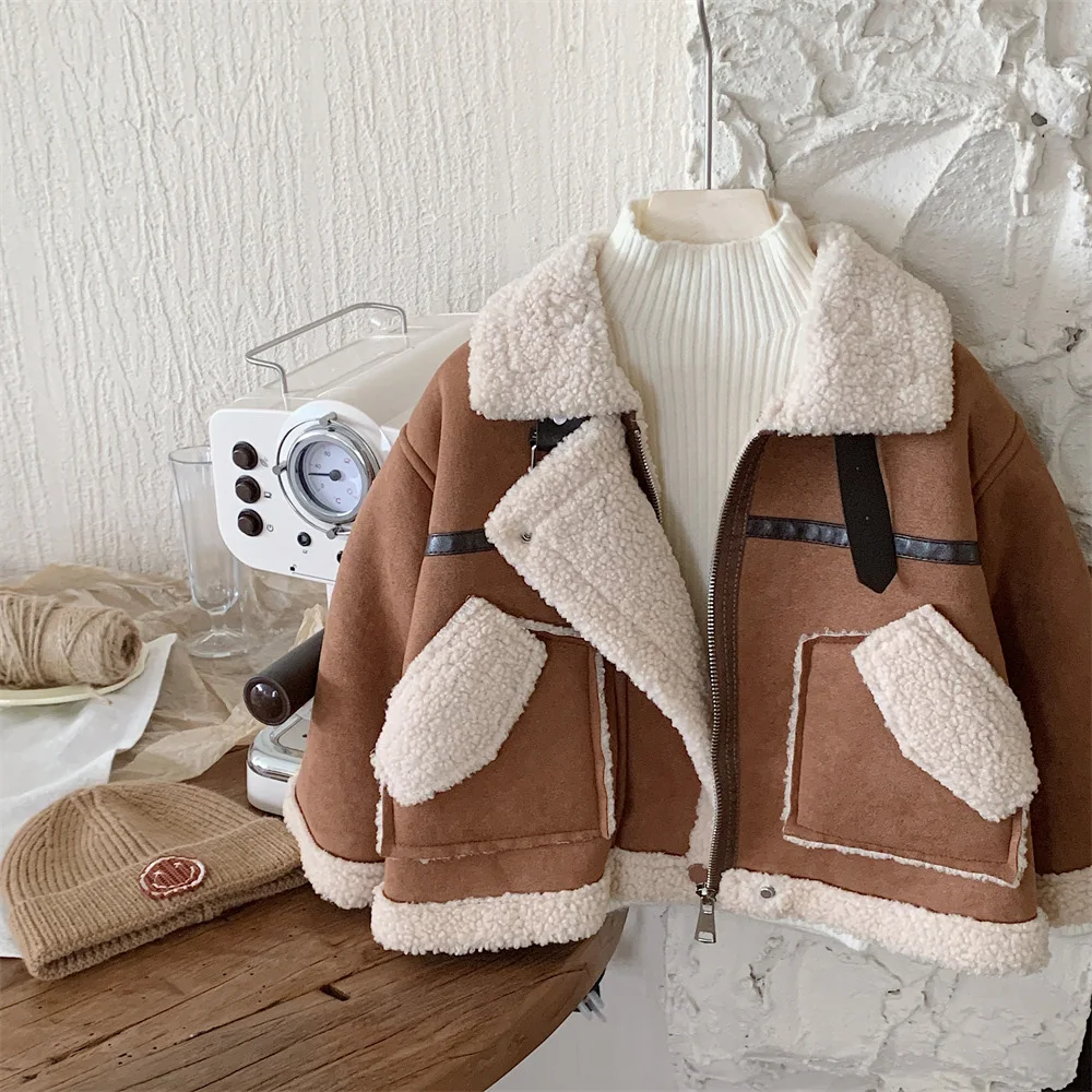 1-8Y Kids Boys Suede Jacket Autumn Winter Fashion Thick Warm Lambswool Coats Children Turn-down Collar Velvet Zipper Jackets