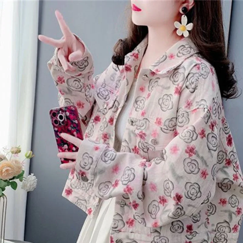 Women's Denim Jacket Small Fragrant Style Printed Long Sleeved Spring Autumn Coat 2027 New Loose Versatile Casual Coat Jeans Top