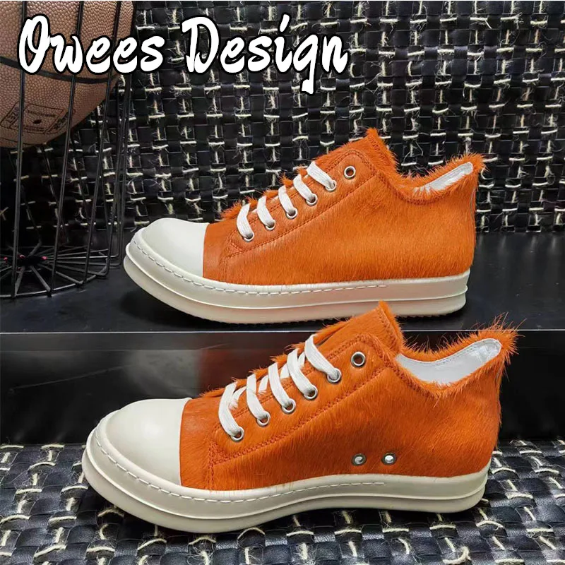 Owees Design Mixed Color Horsehair Leather Casual Shoes Women and Men Lace Up Flats Shoes Classic Solid Fur Sneakers Unisex