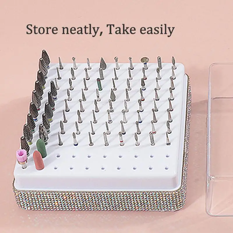 Soporte para brocas de uñas con 100 agujeros, soporte ostentoso con diamantes de imitación, organizador de exhibición, contenedor de almacenamiento a prueba de polvo, caja para salón de uñas