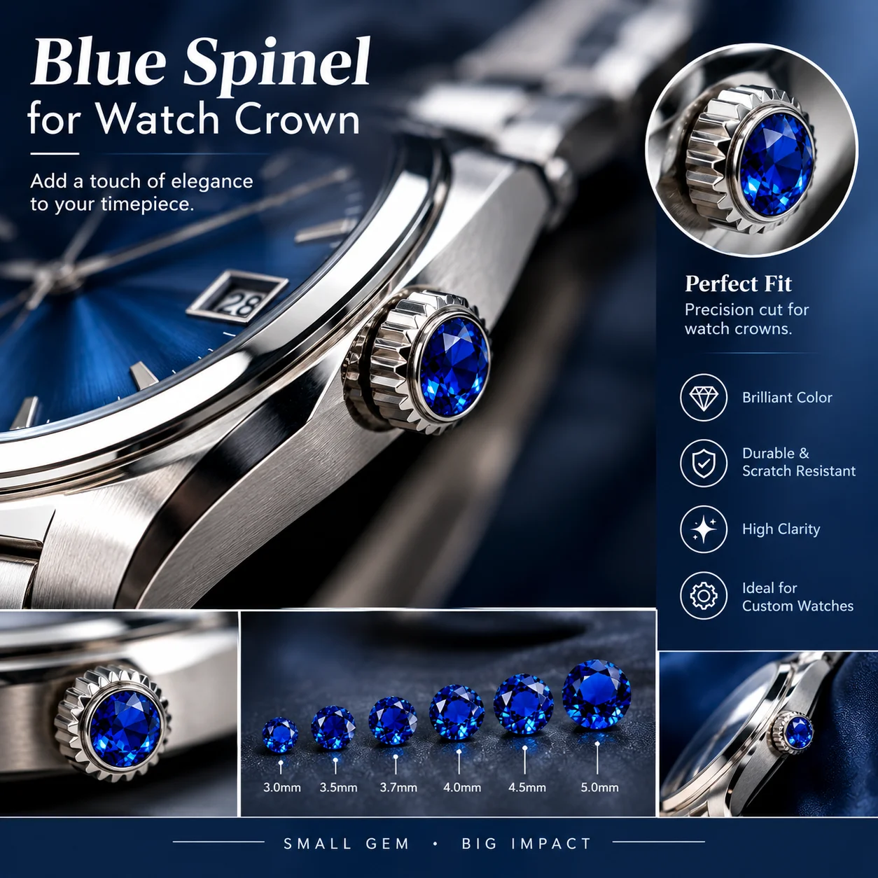 Blue Synthetic Sapphire Watch Crown Cabochon Stone Replacement for Cartier Ballon Bleu Tank Santos Watch Repair Parts
