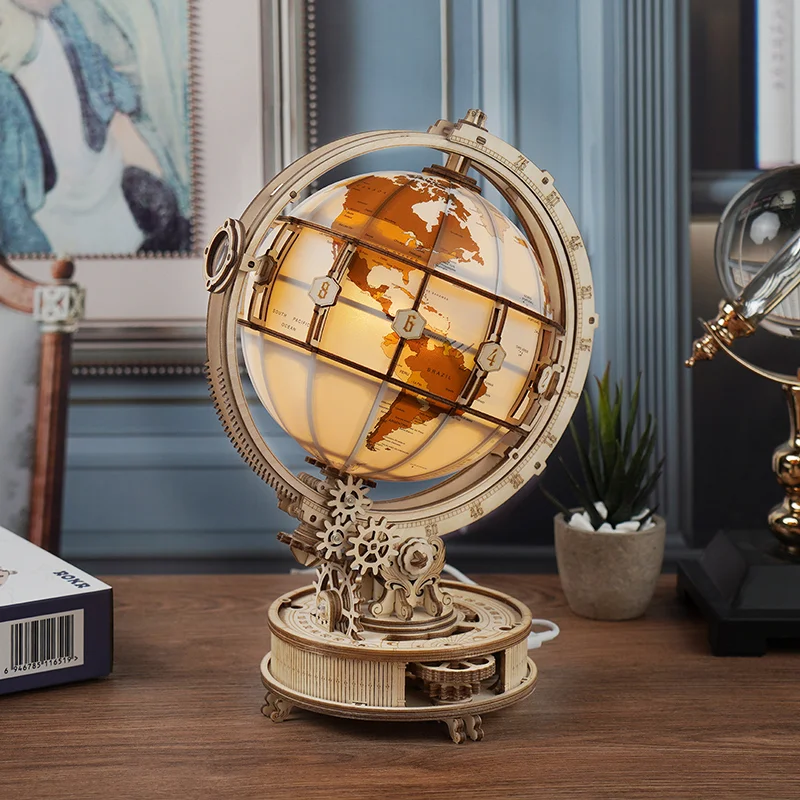 29cm World Globe Earth Map Globe with LED Light DIY Wooden Model Building Block Globe Desk Decoration Furniture Gifts