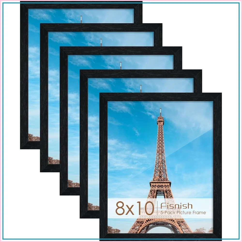8x10 Picture Frame Set of 5, Black Frames for Tabletop Display, 5 Pack 8 by 10 Photo Frames