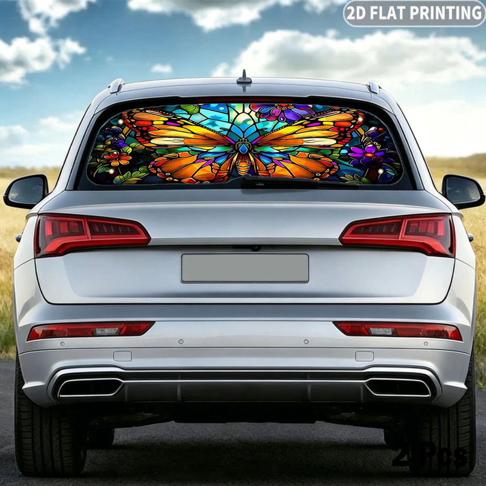 2D FLAT Printing 1pc Car Rear Window Sunshade Vibrant Stained Glass Butterfly And Floral Design, 4 Suction Cups