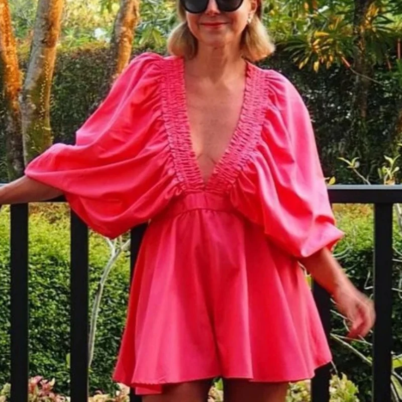 

French Retro Sexy Deep V-neck Rompers Playsuits Green Plaid A-line Loose Jumpsuits Summer Beach Holiday Beautiful Casual Clothes
