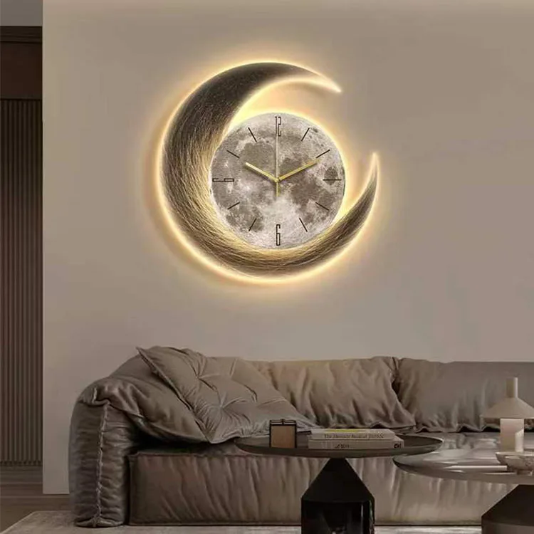 60cm With Night Light Feature Modern Luxury Living Room Moon Decorative Creative Home Decor New Dining Room House Wall Clock