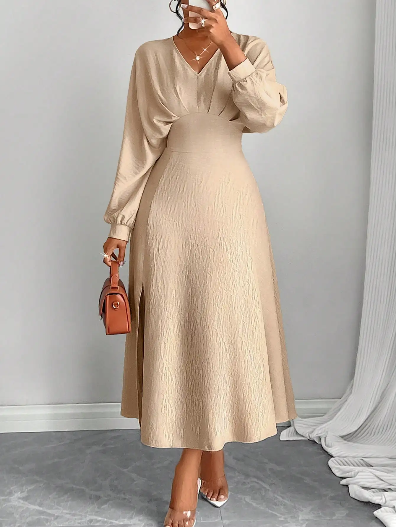 

Apricot V-Neck Long Sleeve Waisted Midi Dress with Side Slit