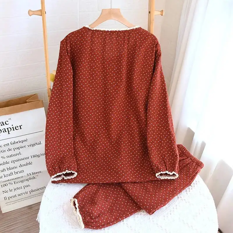 

Красный цвет, маленькая хлопковая пижама с цветочным принтом, милый милый кукольный воротник, кружевной край, свободная и удобная домашняя пижама из 2 предметов для женщин