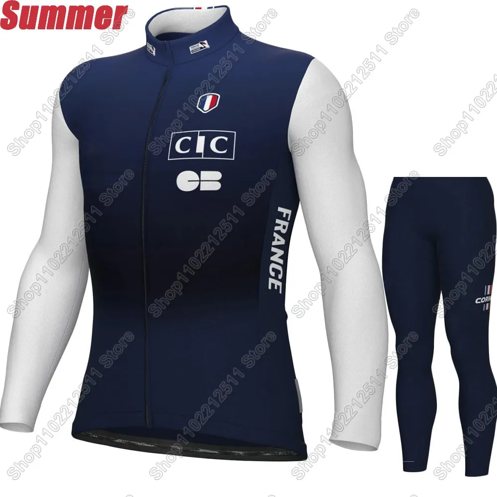 2025 Frankrijk Nationaal Team Wielertrui Set Franse Kleding Pak Heren Lange Mouw MTB Bike Road Broek Bib Ropa Ciclismo