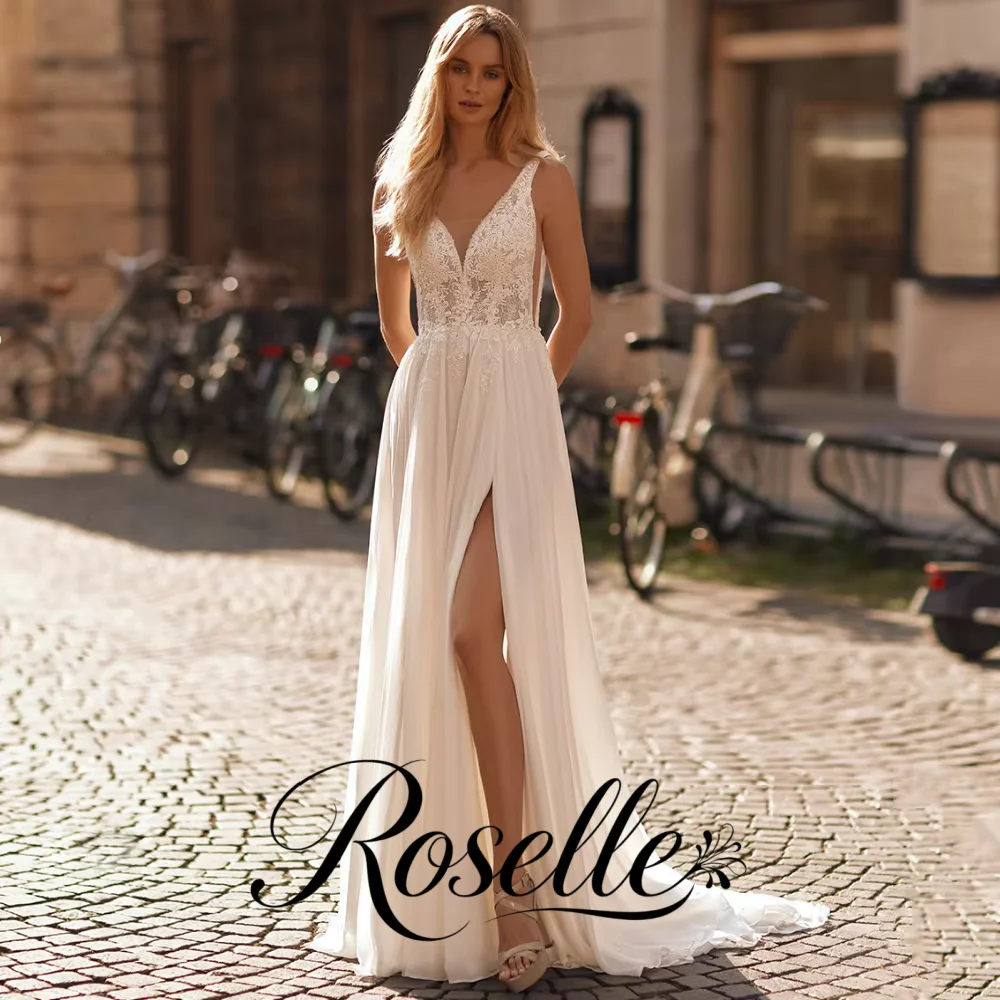 Cheap Beach Wedding Dress Woman Bride Dresses V Neck Sleeveless Lace Applique Side Slit Chiffon A Line Bridal Gown for Lady