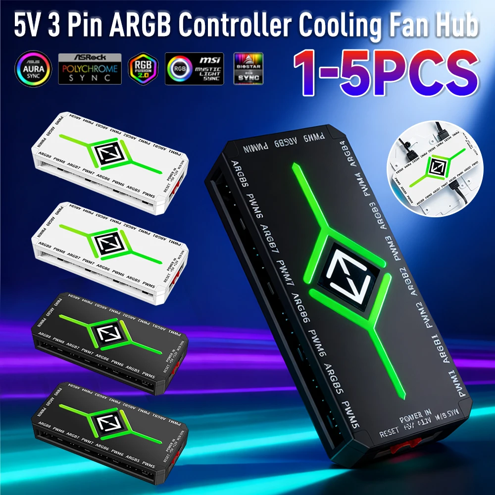 1-5 SZT. Hub PWM z 1 do 9 portami, 3 w 1, 4-pinowy, z magnetycznym mocowaniem i pilotem, rozdzielacz PWM i ARGB do obudowy PC ﻿