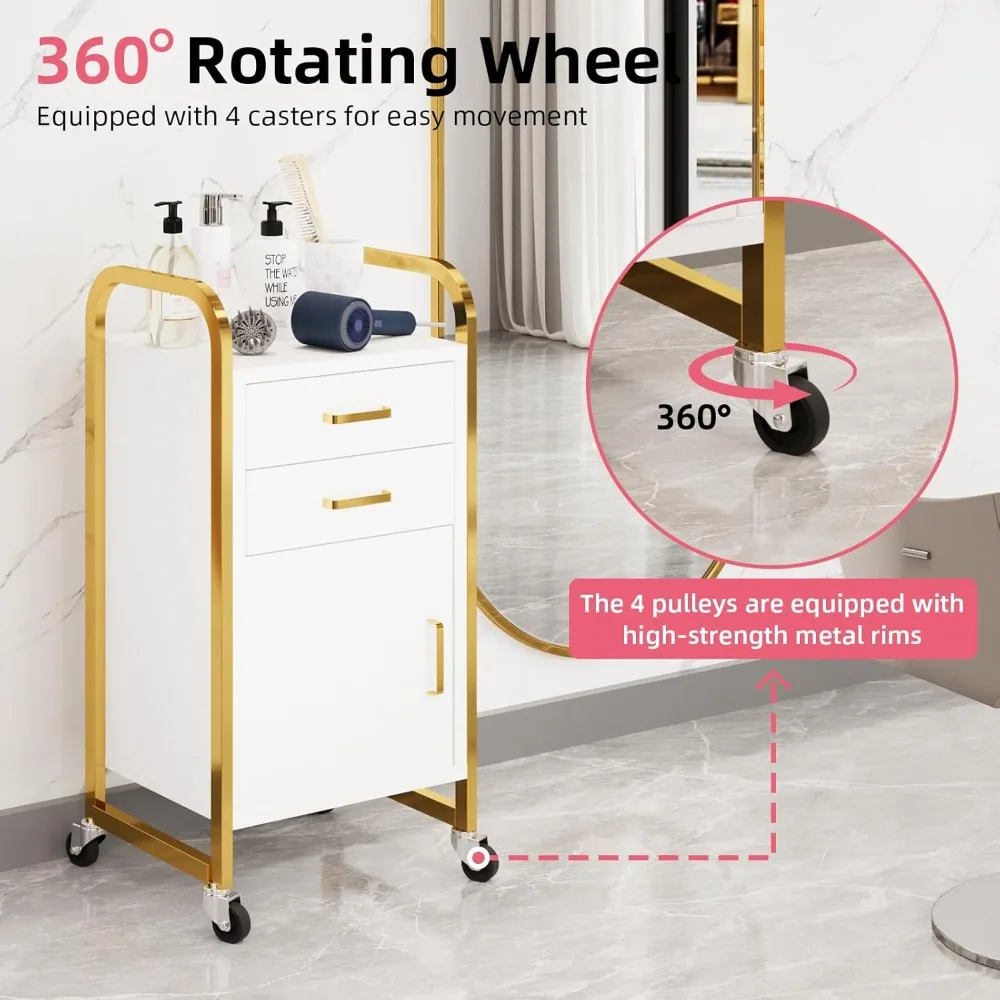 عربة دوارة لصالونات التجميل باللونين الأبيض والذهبي مع عجلات، عربة تجميل متنقلة مع درجين، محطة صالون مع خزانة تخزين للشعر