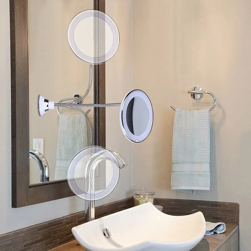 Miroir de maquillage Flexible à col de cygne avec lumière LED, miroir grossissant 10X, ventouse, lumière diffuse brillante et pivotant à 360 degrés