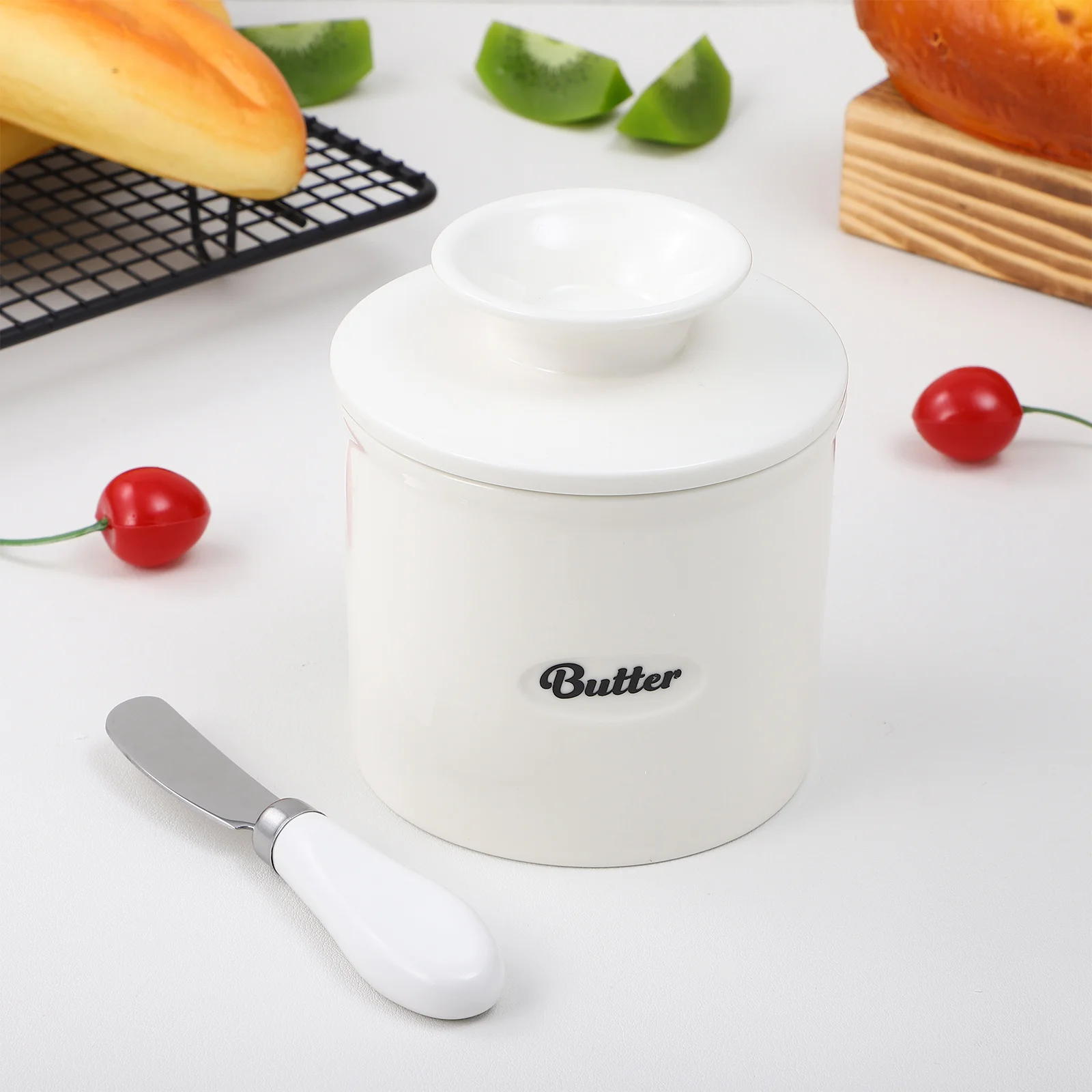 Butter Crock for Countertop French Dish Ceramic Container Tassel Kitchen 410 Stainless Steel Jar Keeper with Lid