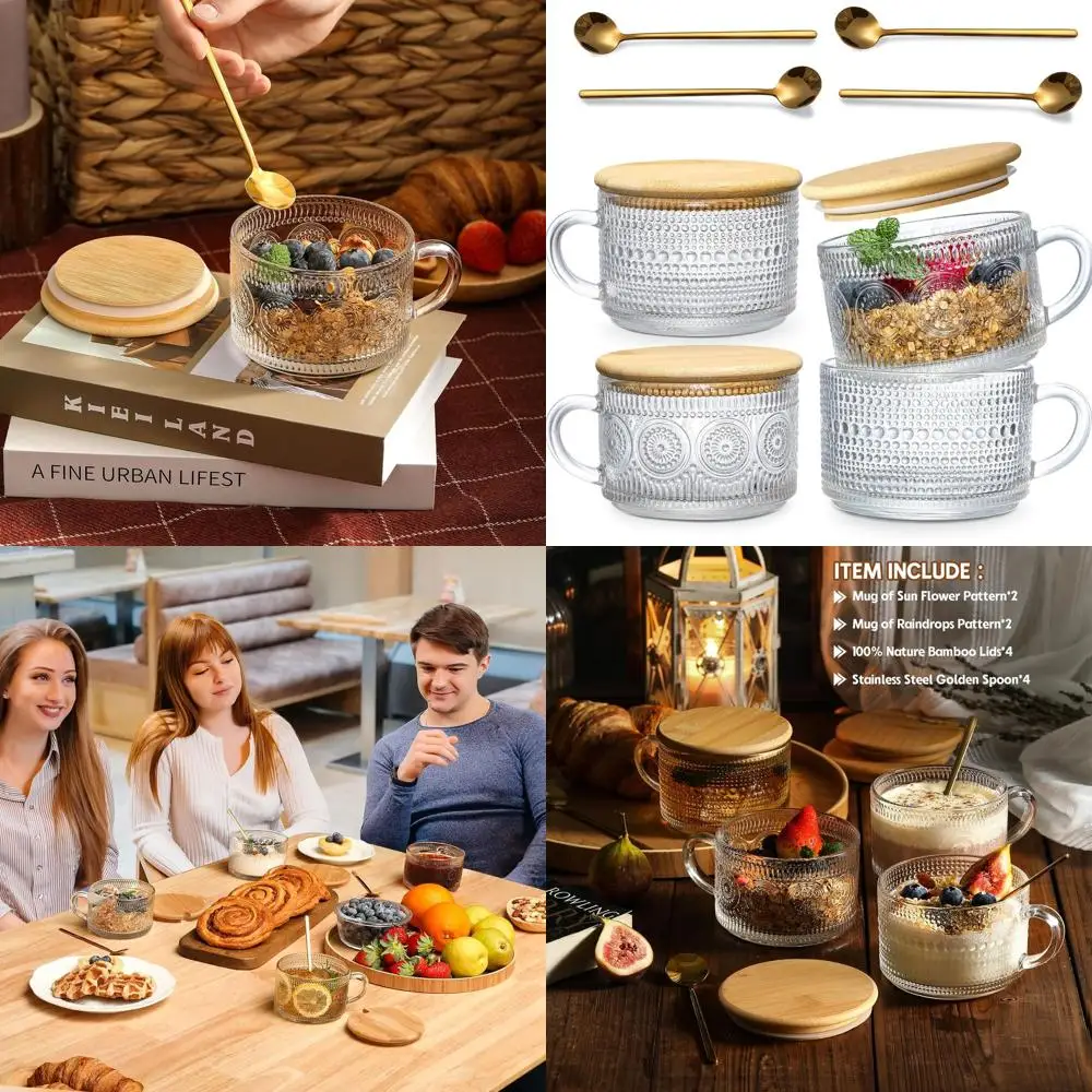 

4pcs Set Vintage Coffee Mugs gifts for women, Overnight Oats Containers with Bamboo Lids and Spoons - 14oz Clear Embossed Glass