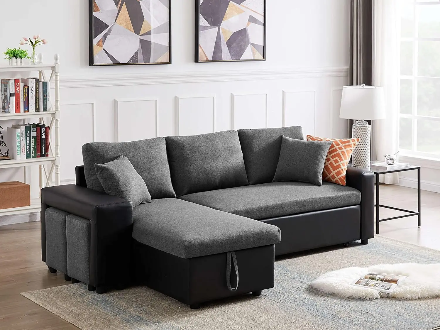 

Linen Reversible Sectional Couch Pull Out Sleeper Sofa and Chaise with Storage and 2 Steel Sstools