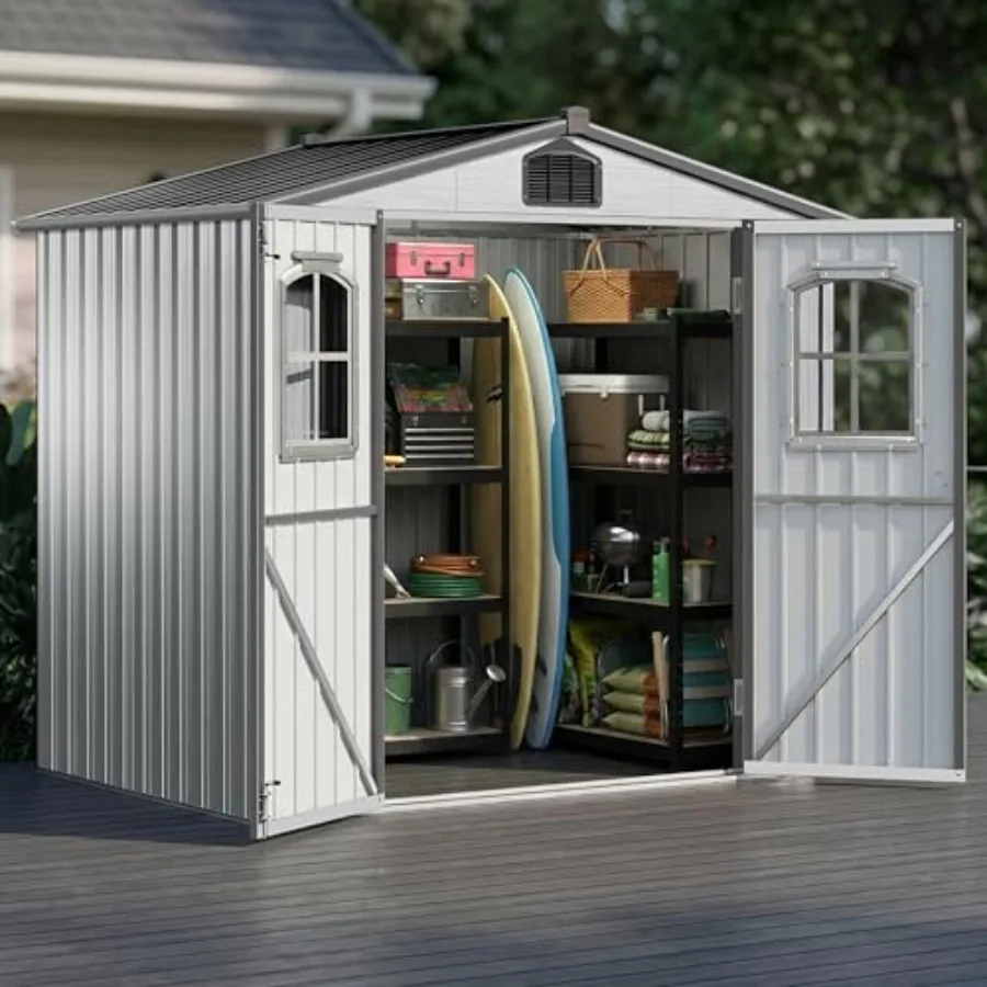Outdoor storage shed for garden tools, heavy-duty galvanized steel, gray, weatherproof with double doors and 2 windows for bike