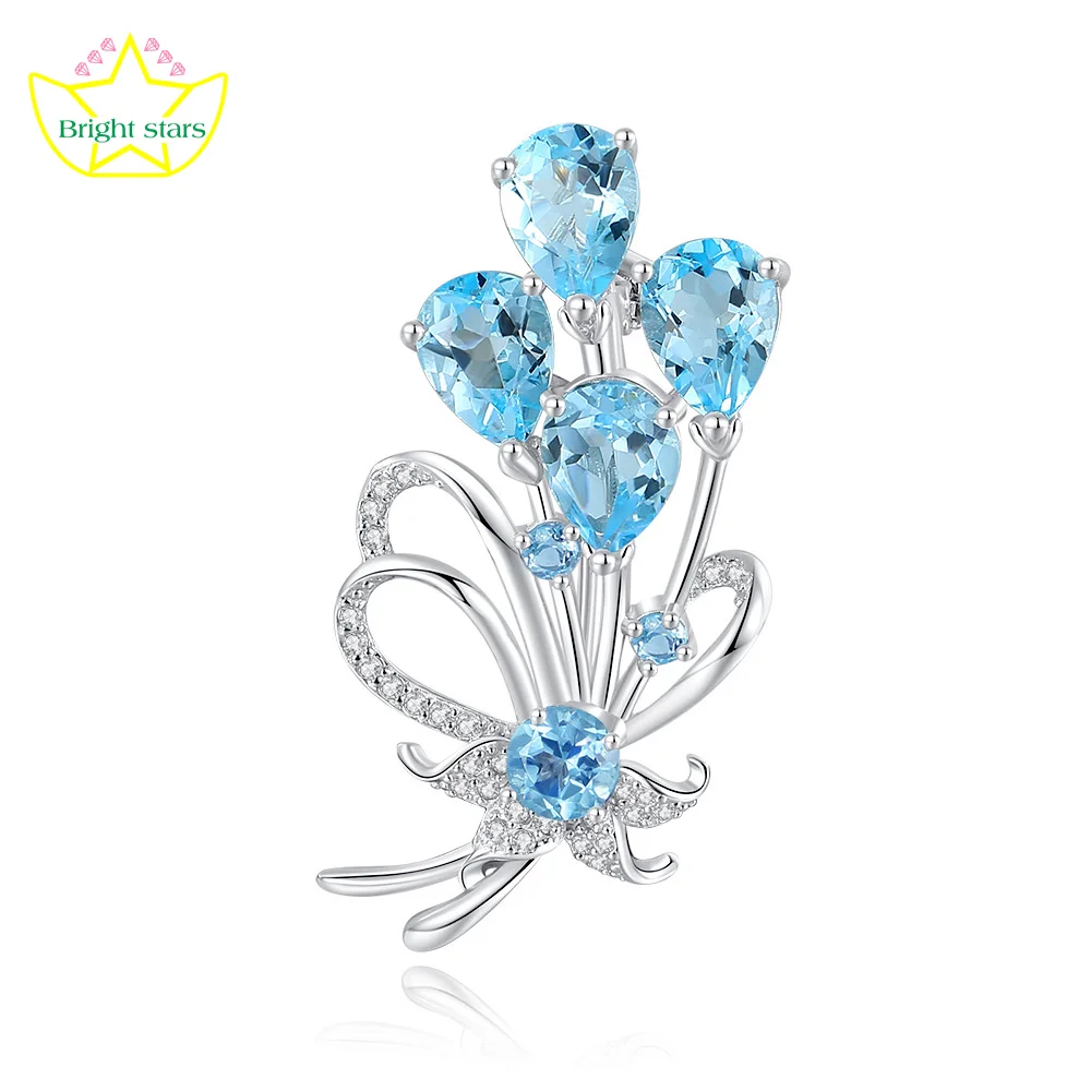 Bright Stars s925 Sterling silver Topaz Sky Blue Bouquet Brooch High-grade feminine Corsage pin Clothing accessories