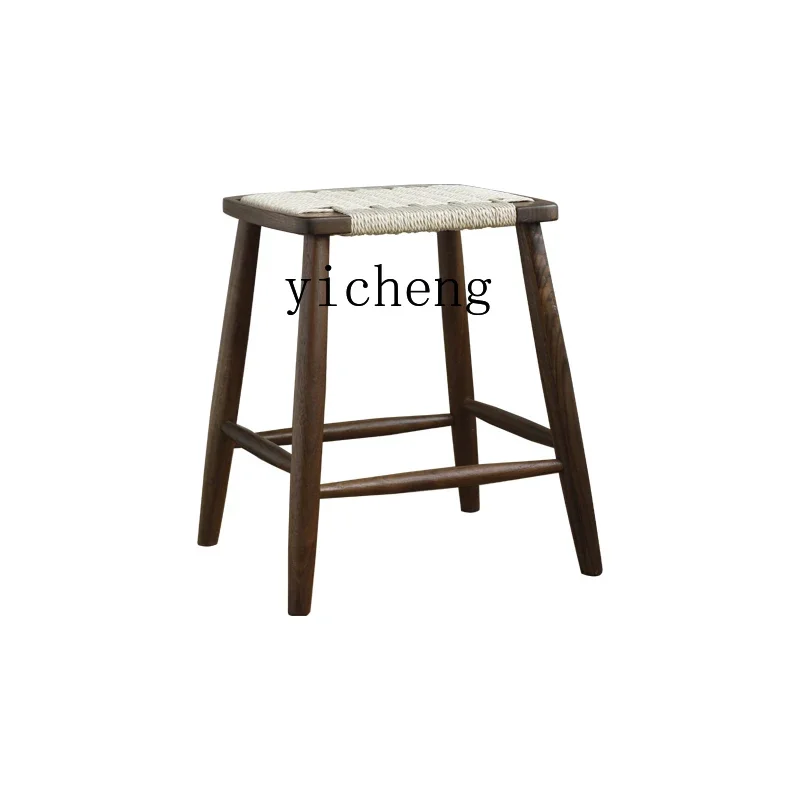 simple braided rope square stool dressing stool solid wood weaving living room small dining stool all solid wood board