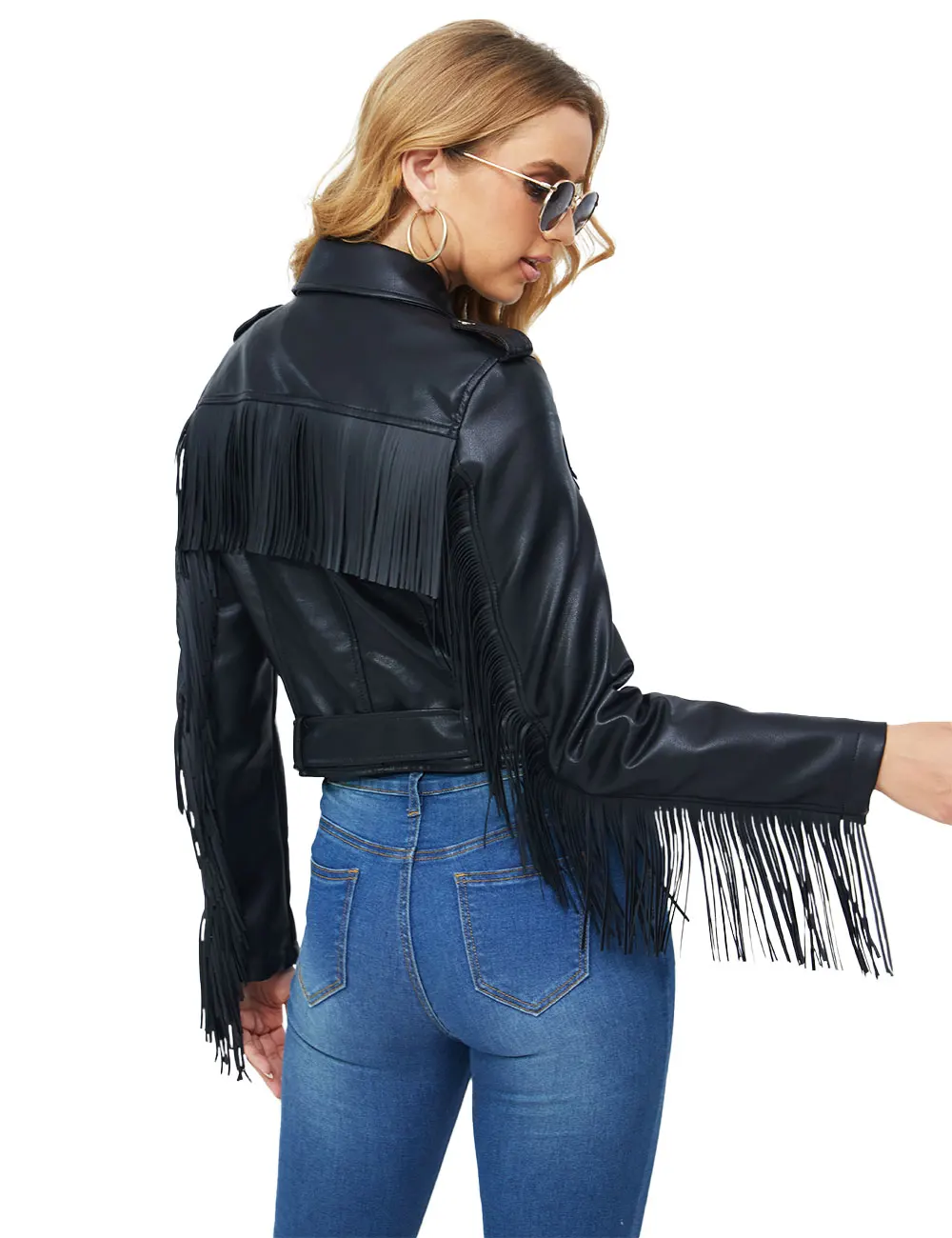 Giolshon Autumn New Leather Fringed Jacket Tassel Spring PU Leather Coat Short Slim Fit Waist Motorcycle Fashion Women Jacket