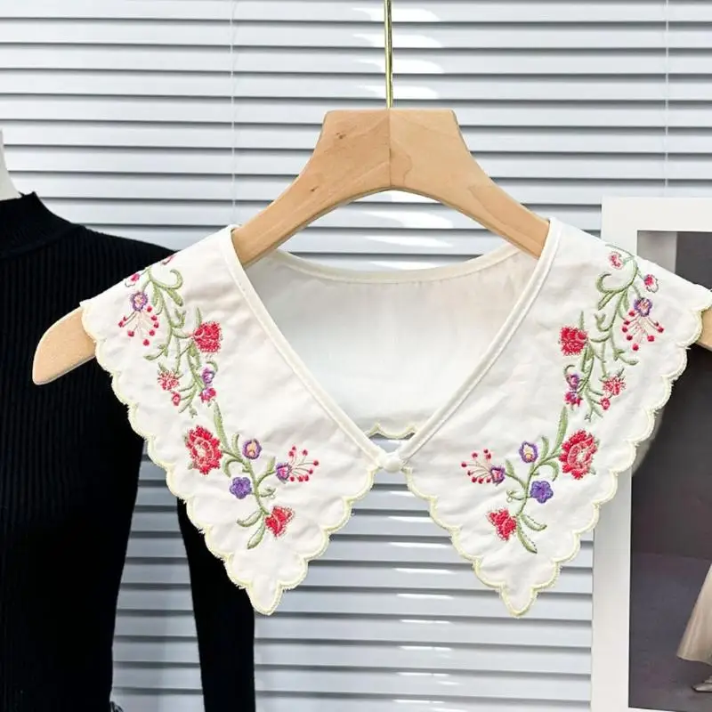 

New Womens Sweet Colorful Flower Embroidery Fake Collar Detachable Blouses Top Collar Button Up Decorative Shawl Scarf Wrap