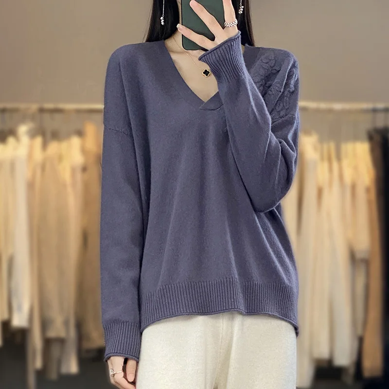 

2023 Women Loose Pullovers Autumn And Winter Soft Sweaters 100% Cashmere And Wool Knit Long Sleeve Female Fashion Jumpers NJ01