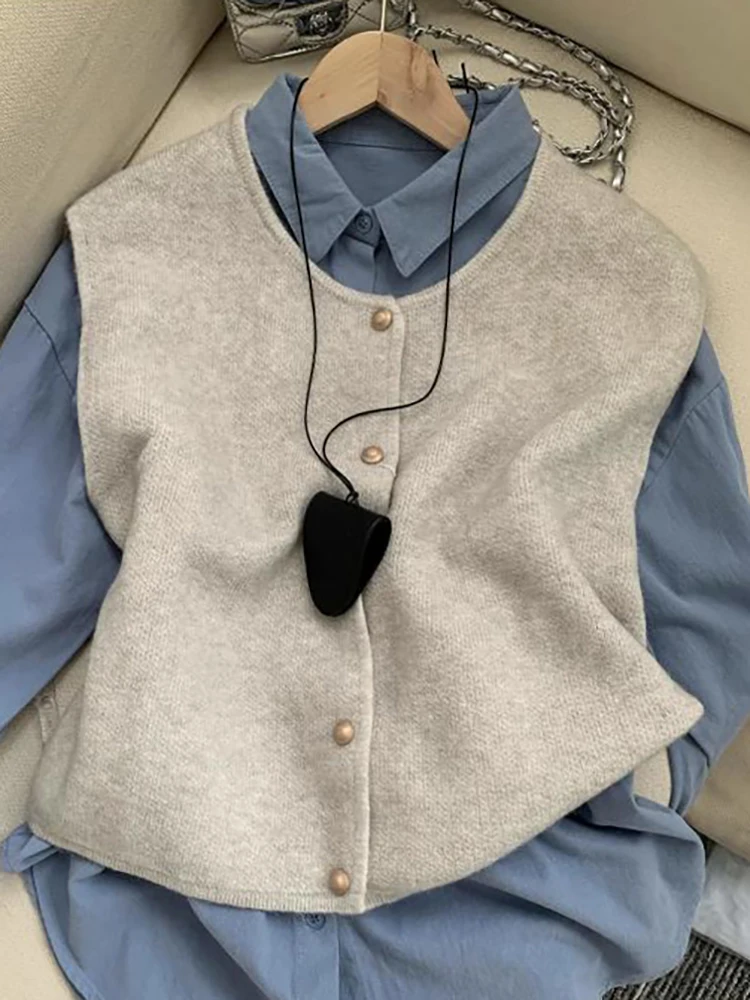 Retro Gebreid Open Vest Dames Faionable Lui Vest Bovenkleding Soft Top oulder Pad Metal Bule Pendelen Sle