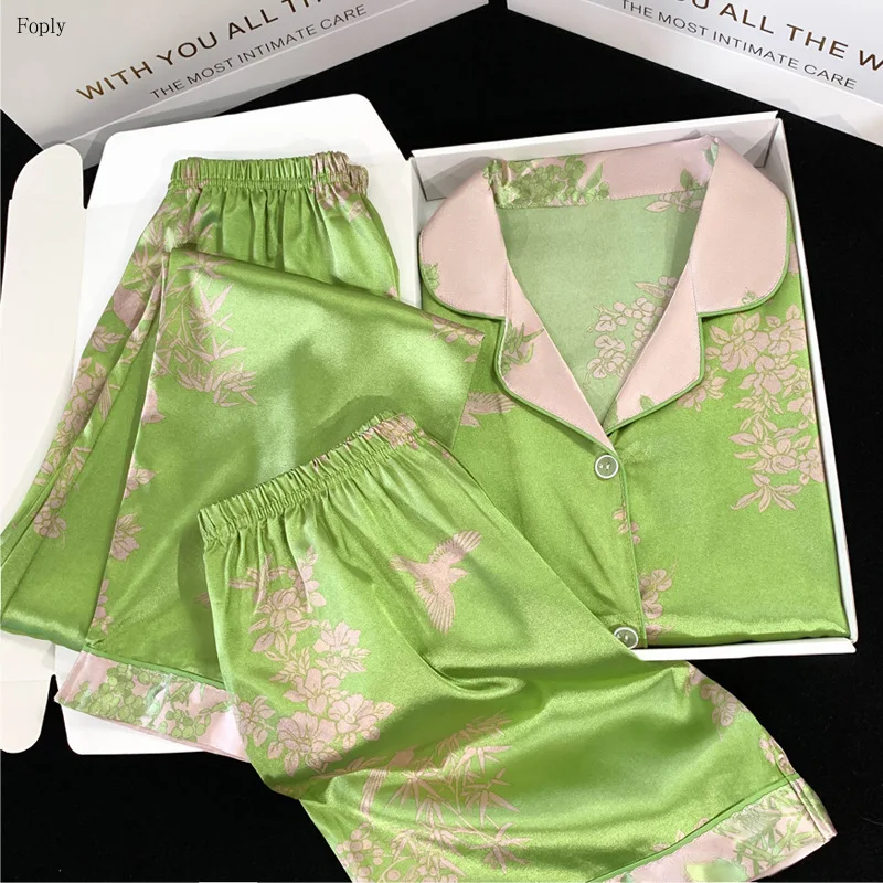 

Spring and Summer Pajamas Women Ice Silk Three-Piece Pyjamas Homewear Luxury High-Grade Plant Printing Pijamas Short-Sleeved