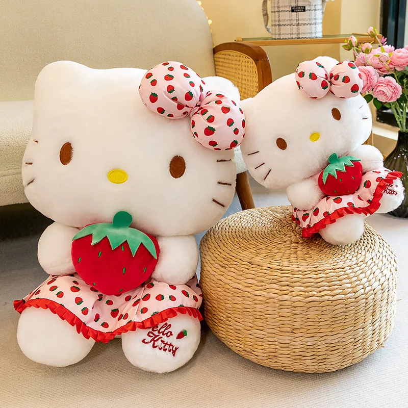 Sanrio Fruit Strawberry Cartoon Bow Knot Kawaii Hello Kitty Cat Doll Plush Toy Cute Children'S Doll Cloth Doll Gift Wholesale