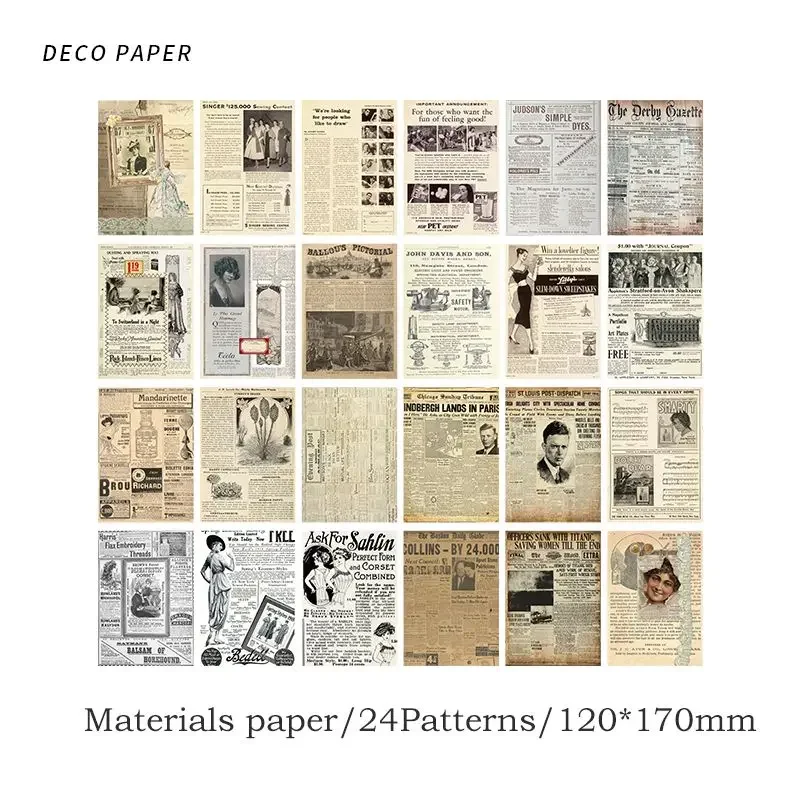 Journamm 24patterns Scrapbook Materials Paper for Journaling DIY Photo Album Creative Stationery Vintage Newspaper Decor Paper