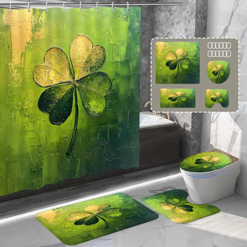 1pc/4pcs Set St. Patrick's Day, Green Lucky Four-Leaf Clover Pattern, Fashion Waterproof Shower Curtain, Toilet Seat Cover, Bath