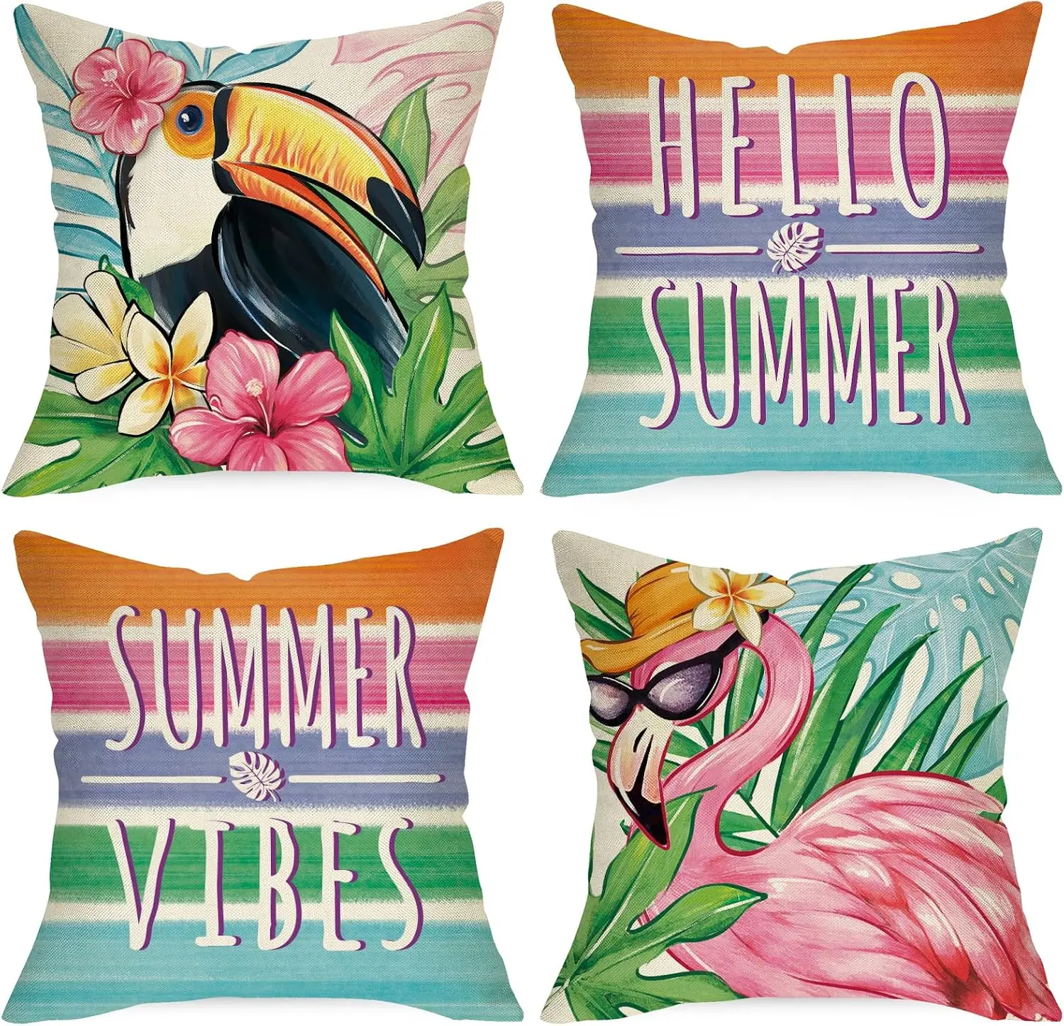 4PCS Tropical Summer Vibes Throw Pillow Covers Boho Beach Cushion Set Jungle Print Flamingo Toucan Accent Pillow Living Room Dec