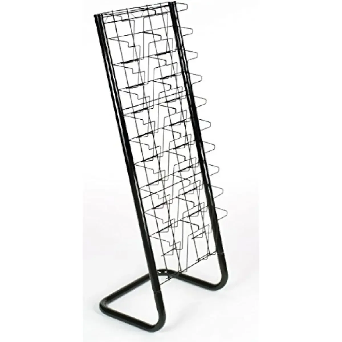 Floor-standing metal literature organizer with 20 open compartments arranged across 10 angled tiers for optimal visibility and e