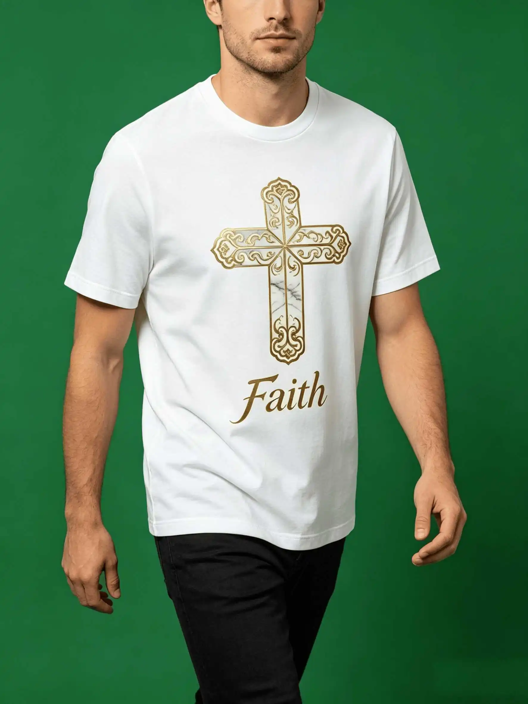 2026 New Faith Cross T-Shirt Gold Marble Design US Local Shipping Christian Spiritual Tee