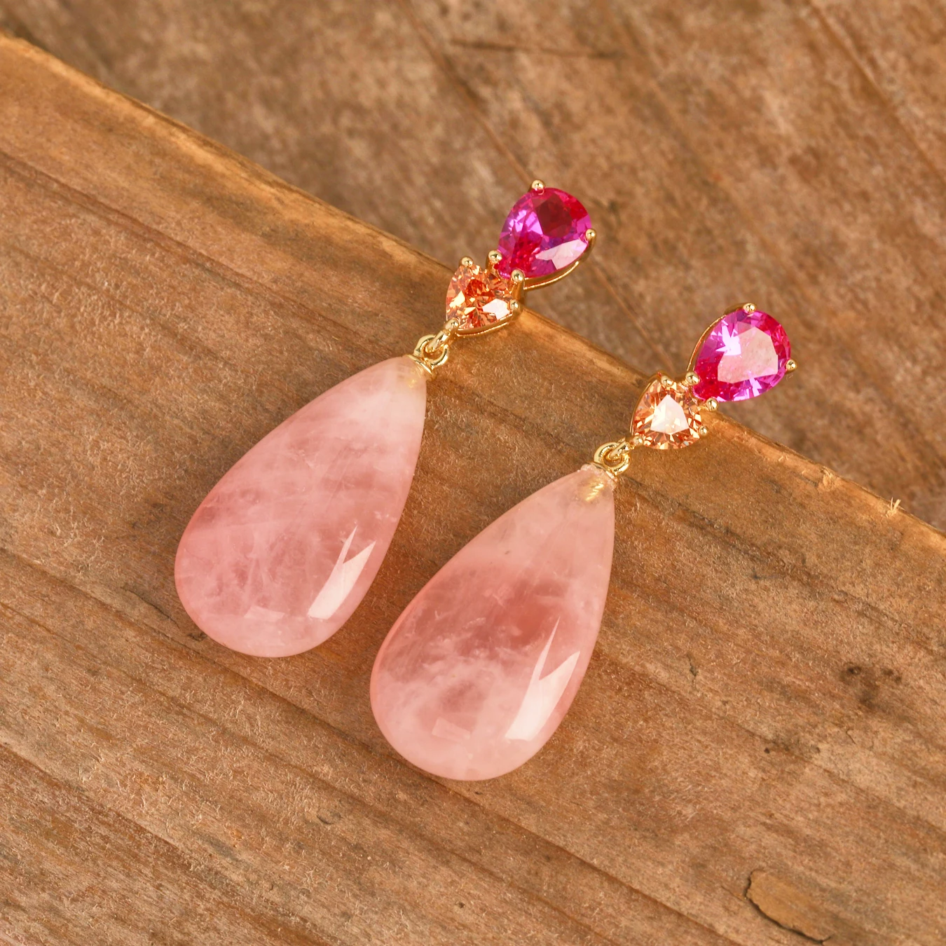 Classic Luxury Beauty Natural Gemstone Rose Quartz Amethyst Blue Sodalite Pendant Earrings Gold Plated with Zircon Inlay