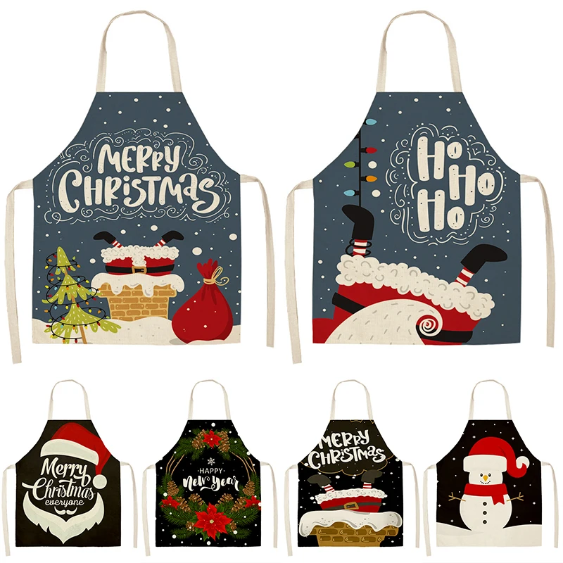 New Year Christmas Ornament Santa Claus  Apron Cotton Linen Women\'s Kitchen  Baking Accessories Home Decor