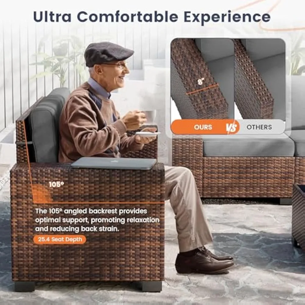 Conjunto de sofá secional externo com apoio de braço de 8 polegadas, móveis de conversa de vime de 6 peças para pátio