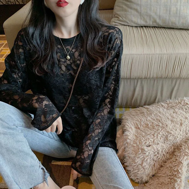 Xpqbb Korean Fashion Loose Lace Blouse Women All-match Sun Protection Hollow Out Shirts Female Summer Streetwear Smock Pullover