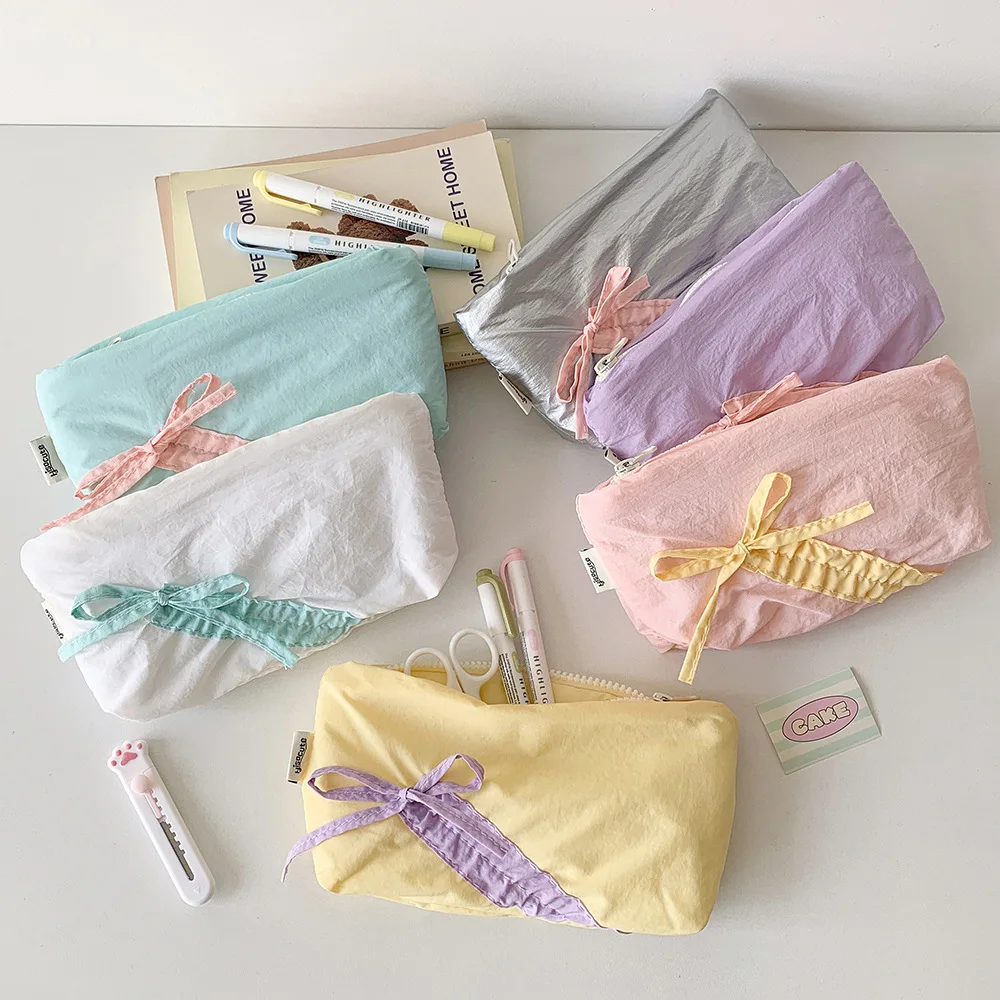 Straps Bowknot Y2K Bow Stationery Bag Large Capacity Cosmetics Card Pen Korean Pencil Case Desktop Storage Y2K Ins