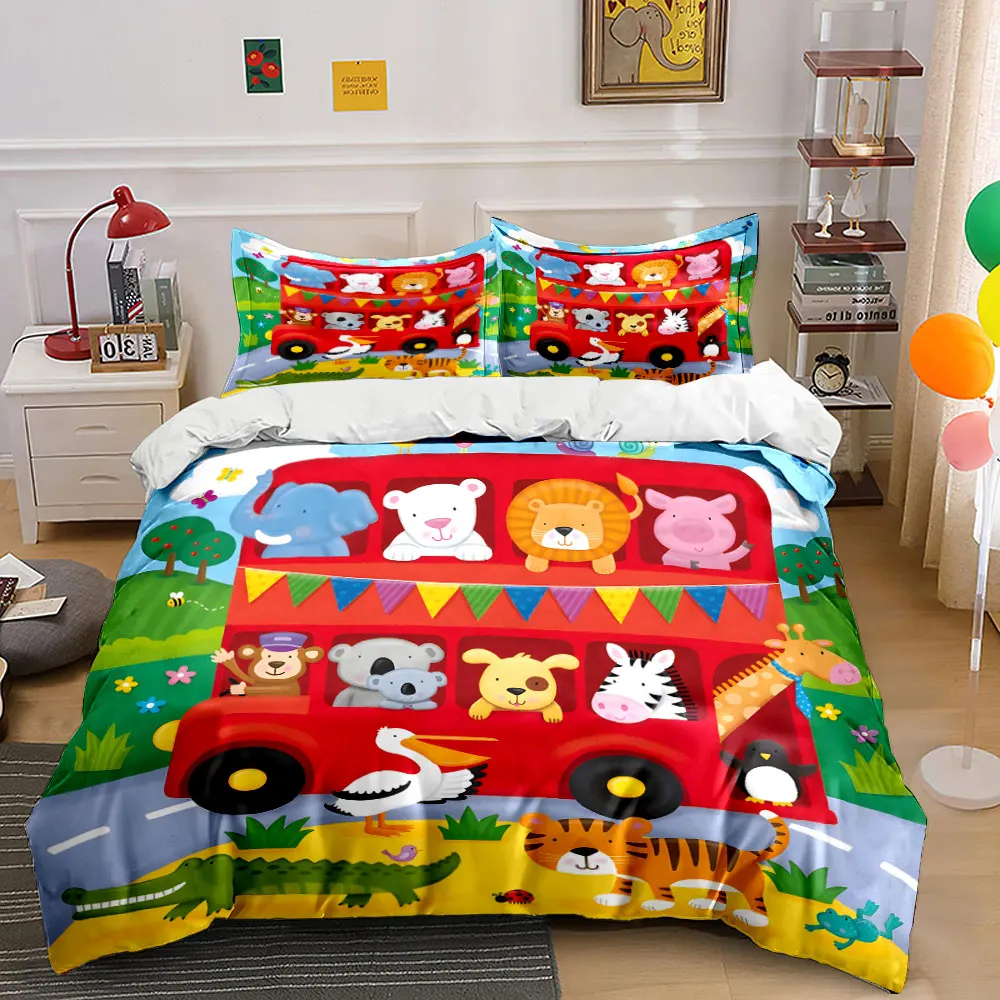 Animals on a Red Bus cartoon Print Soft Comfortable Duvet Cover Bedding Set Included 1*Duvet Cover 2*Pillowcases Luxury gifts