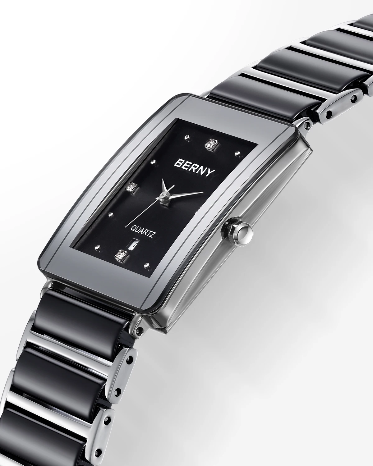 BERNY Keramikuhren für Herren, Kalender, lässige rechteckige Quarzuhr, luxuriöse Diamant-Armbanduhr im Vintage-Stil – Detail 3