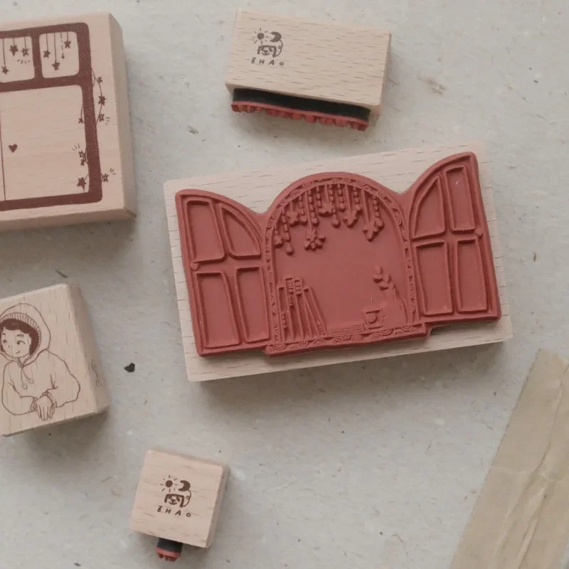 Niesamowita sceneria wewnątrz i na zewnątrz okna Drewniane pieczątki DIY do dziennika Materiał kolażowy Scrapbooking Drewniana pieczęć — zdjęcie 6