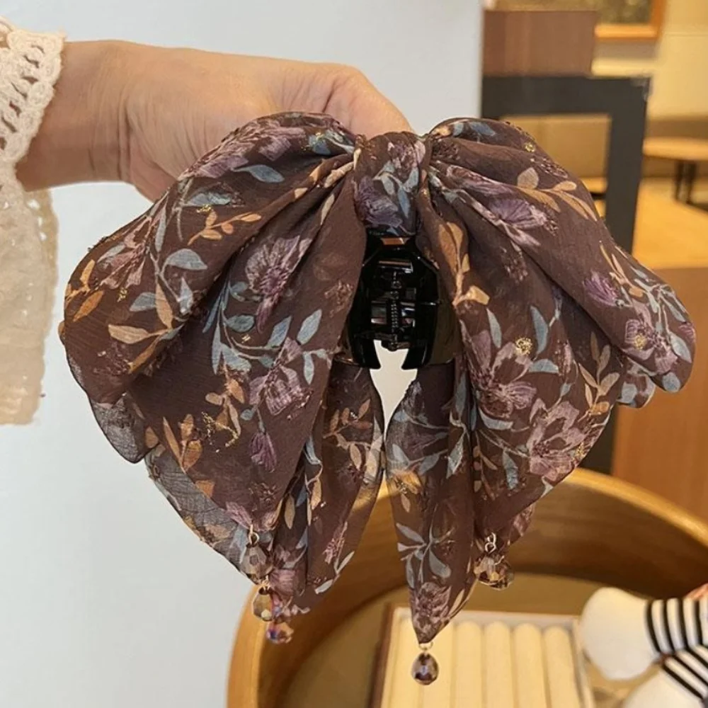 

Fashion French Style Chiffon Hair Claw Sweet Large Bow Shark Clip Temperament Flower Women Hair Grab Clip Lady