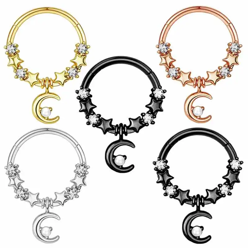 stainless steel brass septum piercing jewelry forw women men 8 and 10mm 16g moon star cartilage hoop earrings tragus jewelry for