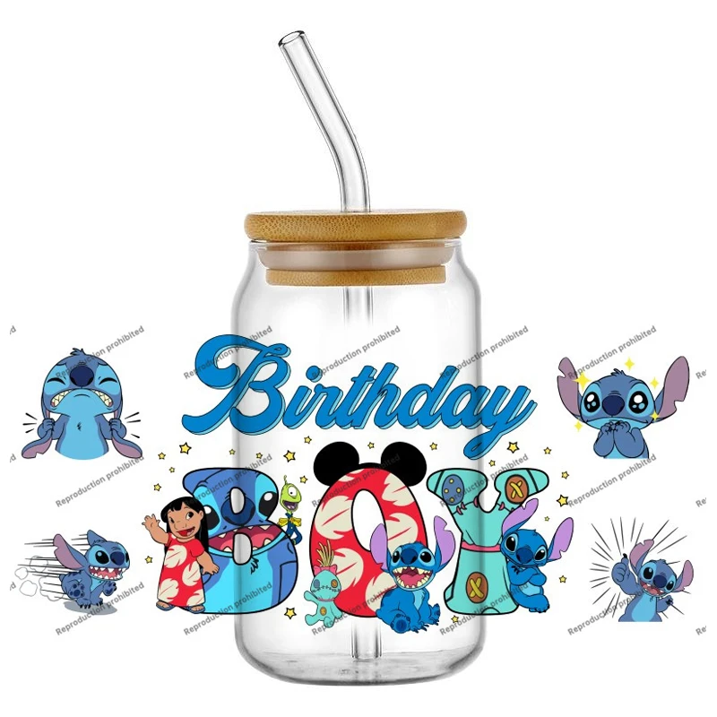 Miniso غرزة الكرتون تصميم عالية الجودة 16 أوقية كوب زجاجي التفاف الأشعة فوق البنفسجية DTF نقل ملصق الشارات شعبية ديكور حديقة المنزل #3