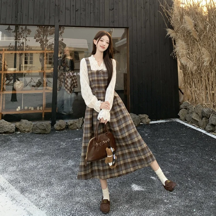 Autumn Plaid Woolen Dress New Version Long Skirt Slimming Waist Knitted Set for Women City Walk Three-quarter Sleeve Other Ma...